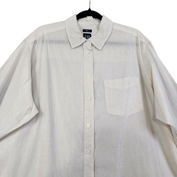GAP Womens The Big Shirt Size Large Birch Beige Metallic Stripe Button Front - Picture 3 of 12